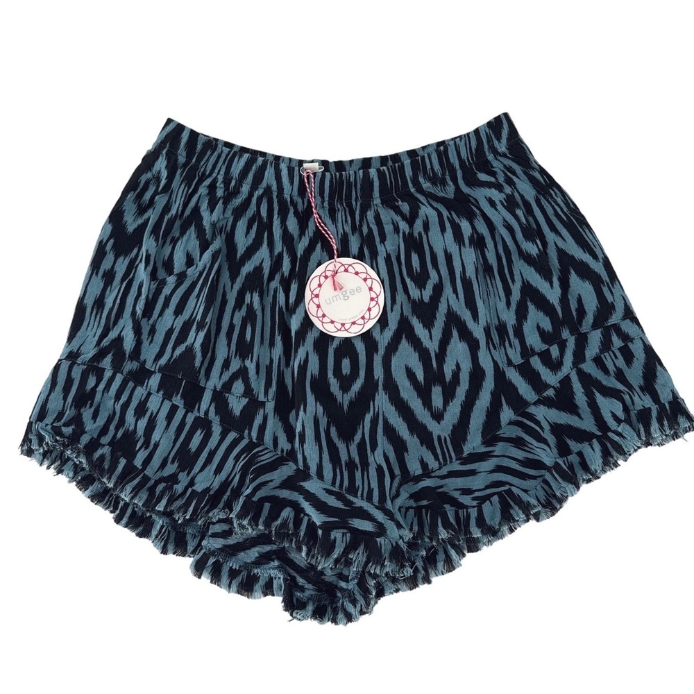 Umgee Ikat Print Frayed Hem Shorts Womens Size S Teal/Black Boho Casual
Preppy